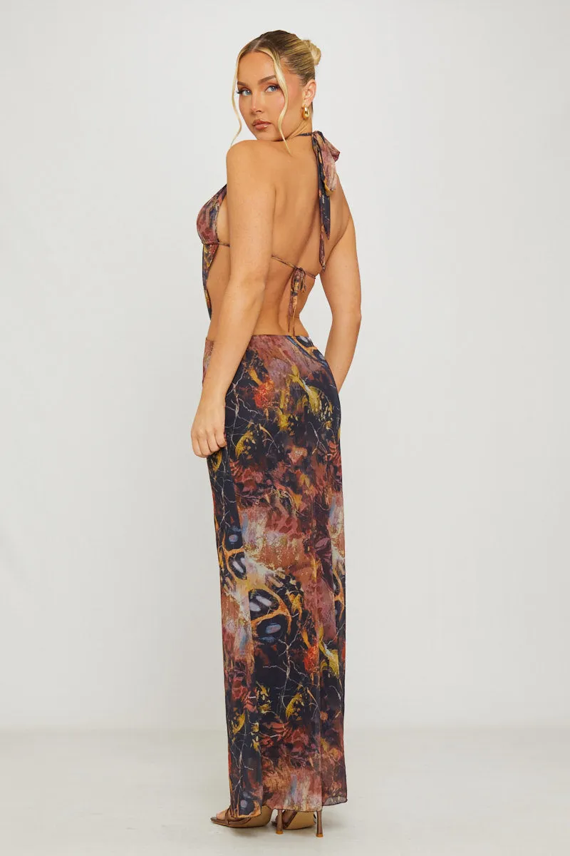 Brown Printed Plunge Halter Open Back Maxi Dress sold by Nothingbutstyle product image thumbnail 4