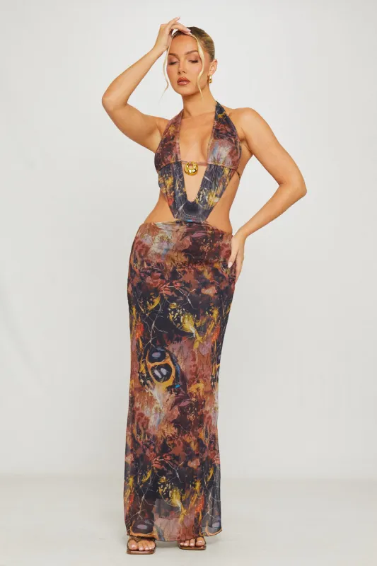 Brown Printed Plunge Halter Open Back Maxi Dress sold by Nothingbutstyle