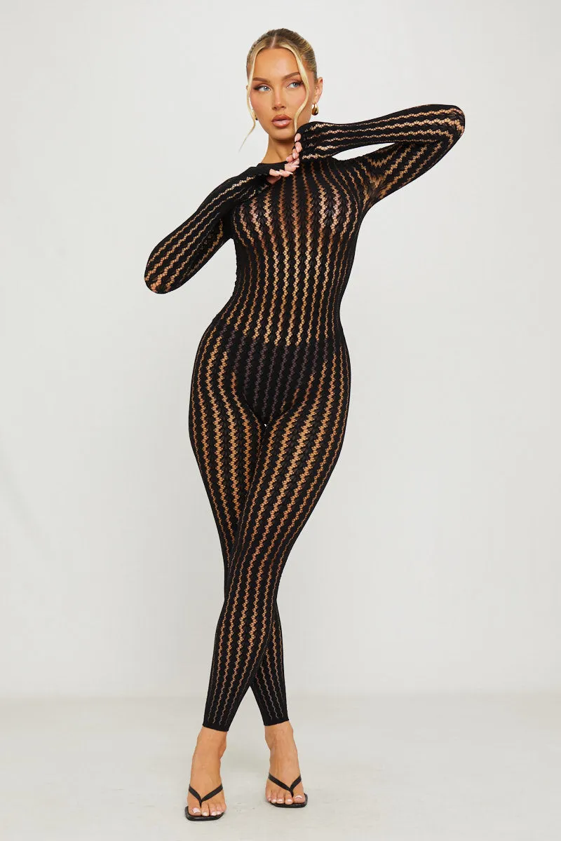 Black Mesh Cut Out Long Sleeve Jumpsuit sold by Nothingbutstyle