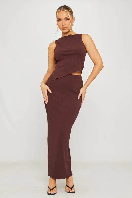 Brown Ribbed Asymmetric Top & Maxi Skirt Co-Ord sold by Nothingbutstyle