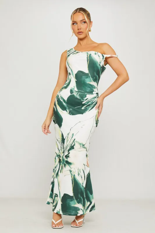 Green Floral Print Asymmetric One Shoulder Maxi Dress sold by Nothingbutstyle