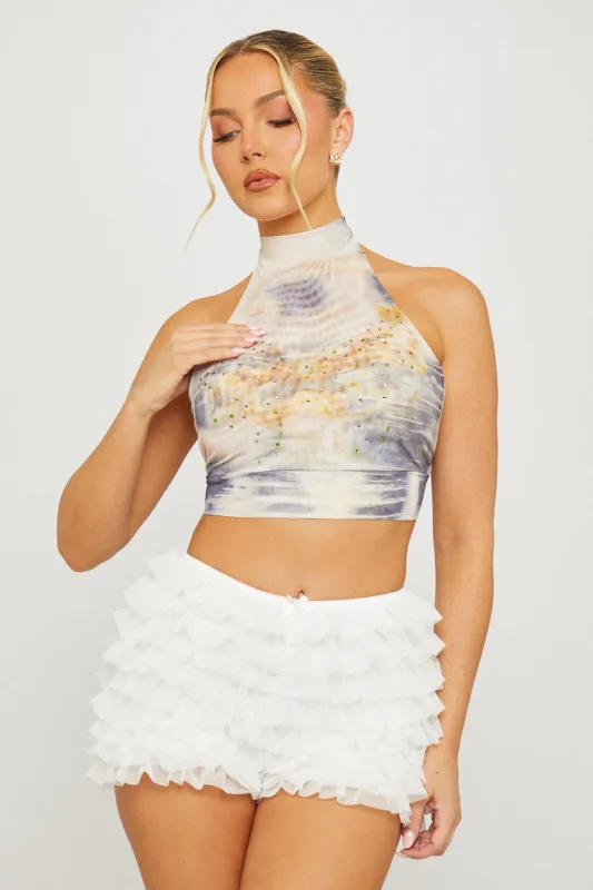 Cream High Neck Butterfly Print Diamante Crop Top sold by Nothingbutstyle