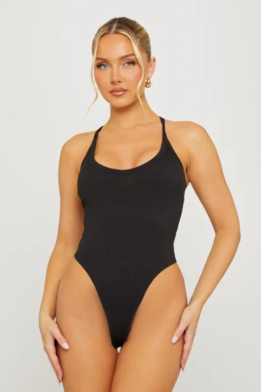 Black Ribbed Plunge High Leg Bodysuit sold by Nothingbutstyle