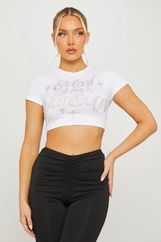 White Slogan Embellished Short Sleeve Crop Top sold by Nothingbutstyle