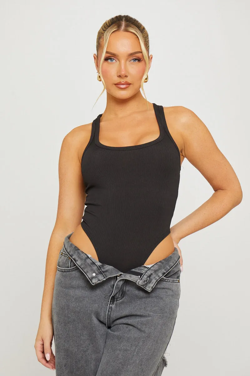 Black Ribbed Racer Back High Leg Bodysuit sold by Nothingbutstyle product image thumbnail 5