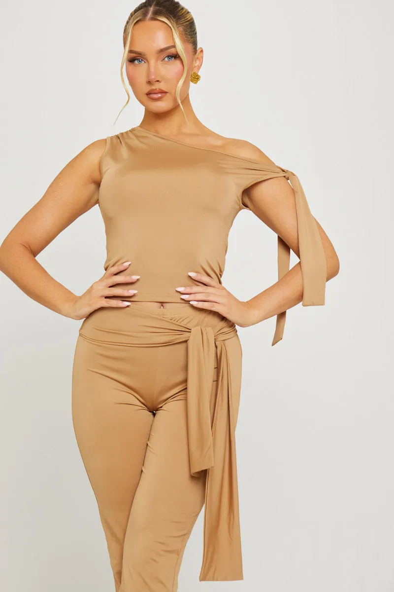 Taupe One Shoulder Knot Detail Top & Capri Pants Co-Ord sold by Nothingbutstyle product image thumbnail 5