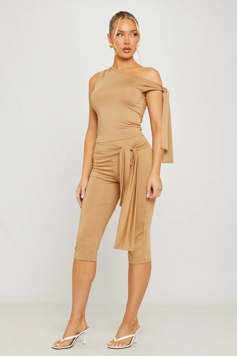 Taupe One Shoulder Knot Detail Top & Capri Pants Co-Ord sold by Nothingbutstyle product image thumbnail 3