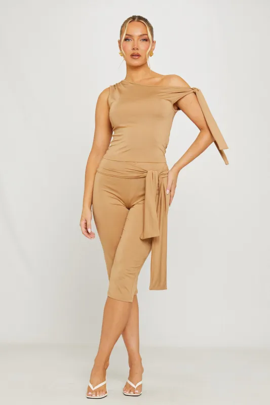Taupe One Shoulder Knot Detail Top & Capri Pants Co-Ord sold by Nothingbutstyle