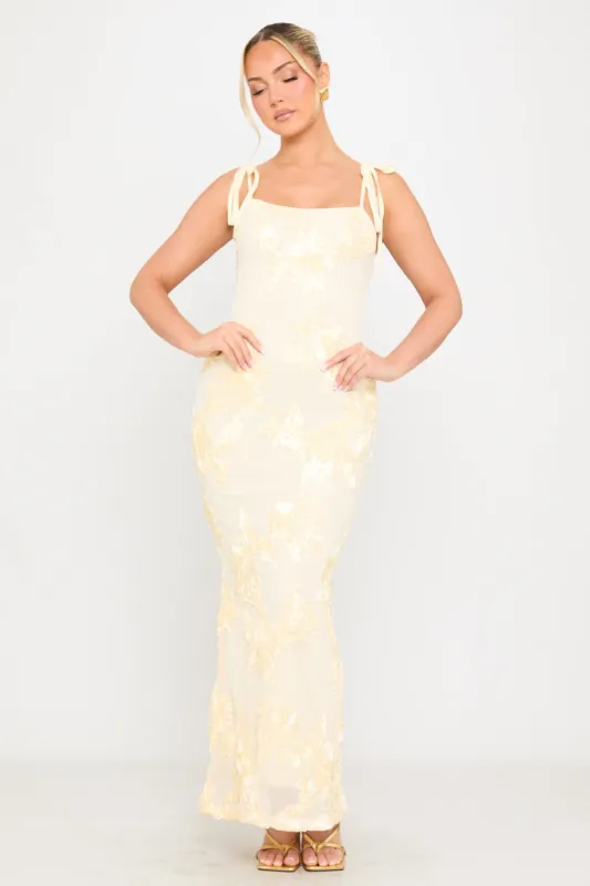 Cream Floral Embroidered Shoulder Tie Maxi Dress sold by Nothingbutstyle