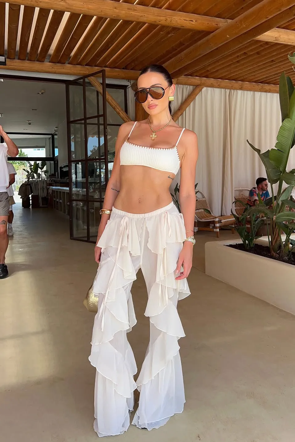 Cream Chiffon Sheer Ruffle Flared Trousers sold by Nothingbutstyle