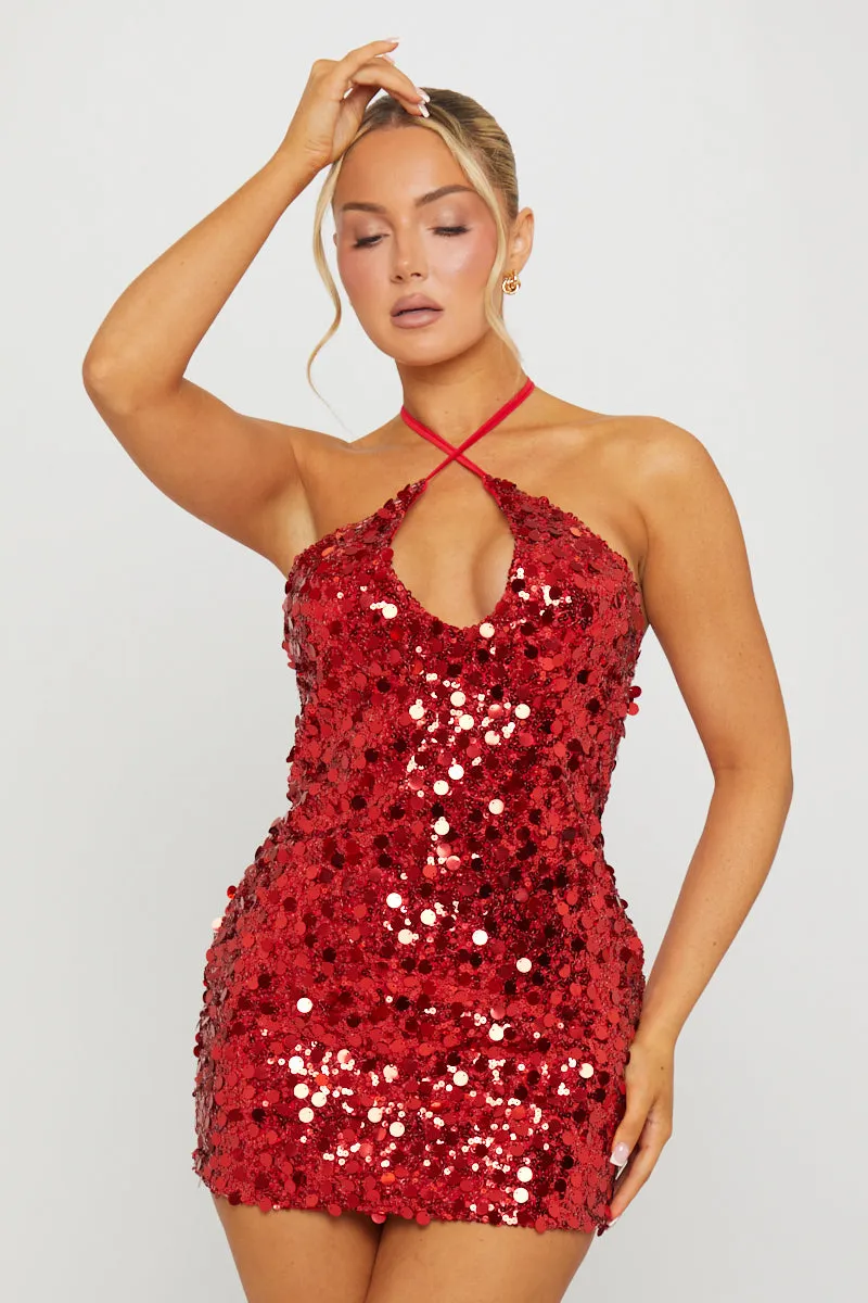 Wine Sequin Halter Neck Open Back Mini Dress sold by Nothingbutstyle