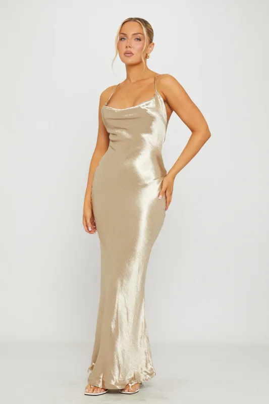 Gold Satin Cowl Neck Slip Maxi Dress sold by Nothingbutstyle