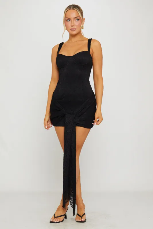 Black Lace Tie Front Cinched Draped Mini Dress sold by Nothingbutstyle