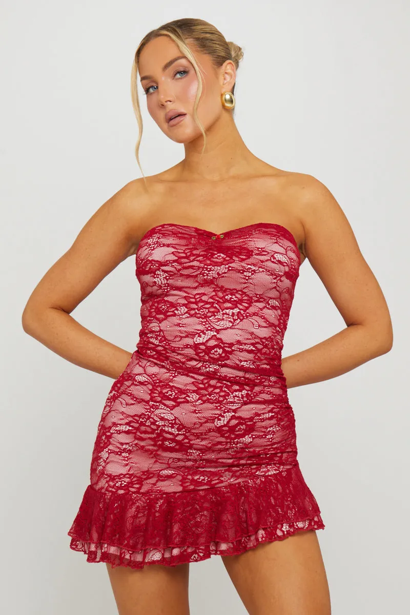 Burgundy Lace Strapless Asymmetric Mini Dress sold by Nothingbutstyle product image thumbnail 3
