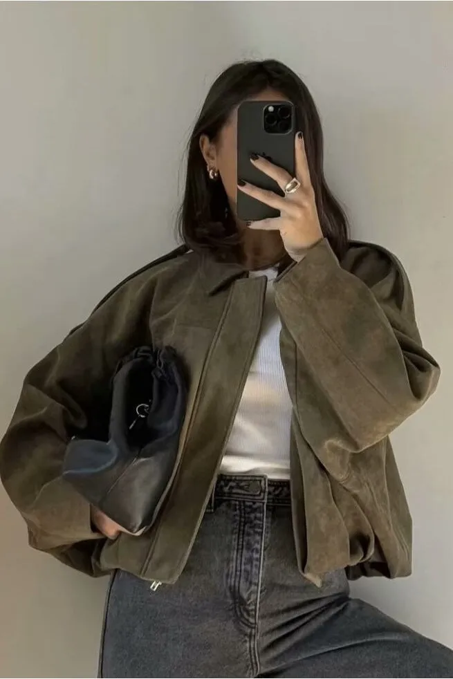 Khaki Suede Oversized Bomber Jacket sold by Nothingbutstyle