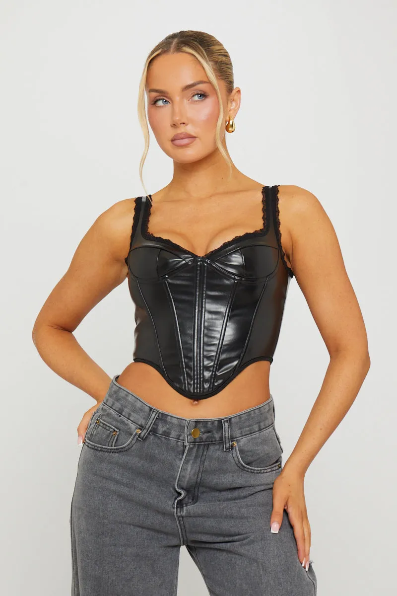 Black Faux Leather Bustier Dipped Corset Top sold by Nothingbutstyle