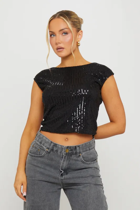 Black Sequin Detail Cap Sleeve Backless Crop Top sold by Nothingbutstyle