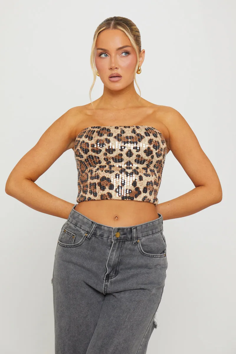 Leopard Print Sequin Detail Bandeau Crop Top sold by Nothingbutstyle product image thumbnail 3
