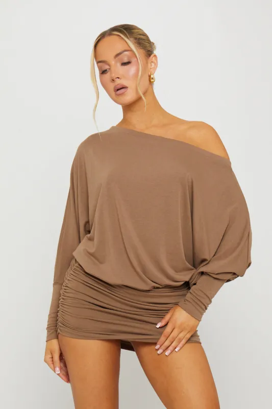 Brown Off Shoulder Ruched Batwing Mini Dress sold by Nothingbutstyle
