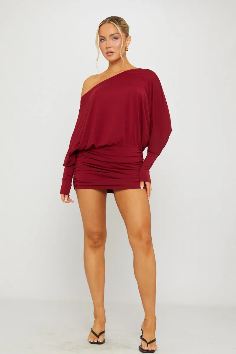 Burgundy Off Shoulder Ruched Batwing Mini Dress sold by Nothingbutstyle product image thumbnail 2