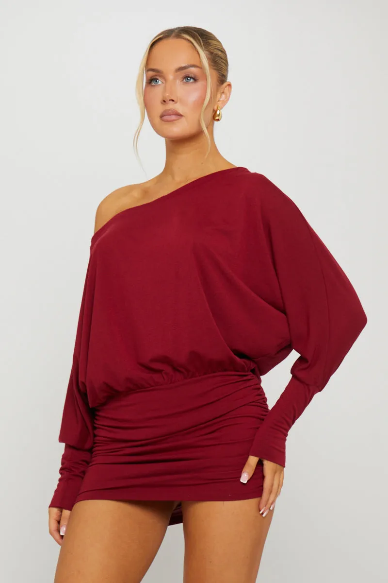 Burgundy Off Shoulder Ruched Batwing Mini Dress sold by Nothingbutstyle product image thumbnail 3