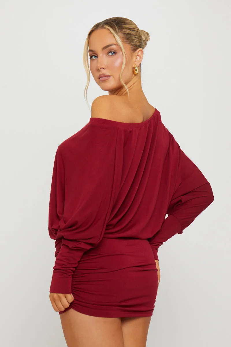 Burgundy Off Shoulder Ruched Batwing Mini Dress sold by Nothingbutstyle product image thumbnail 4