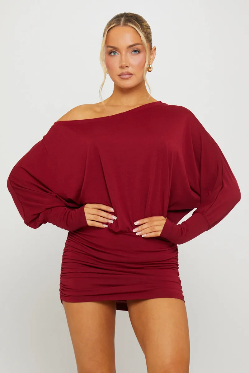 Burgundy Off Shoulder Ruched Batwing Mini Dress sold by Nothingbutstyle