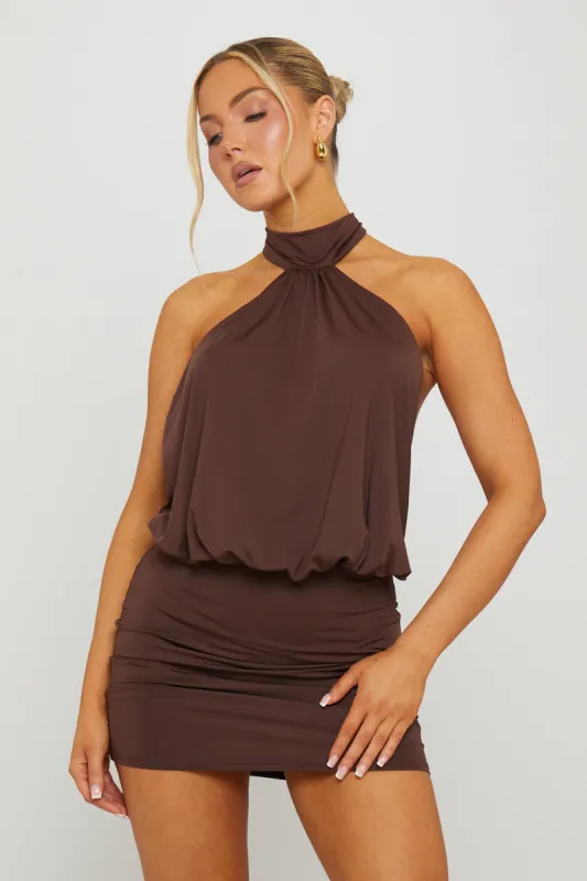 Brown Halter High Neck Open Back Mini Dress sold by Nothingbutstyle