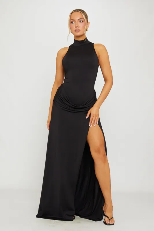 Black High Neck Draped Thigh Split Maxi Dress sold by Nothingbutstyle