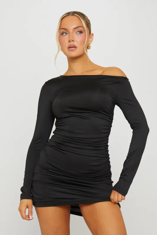 Black Ruched One Shoulder Long Sleeve Mini Dress sold by Nothingbutstyle