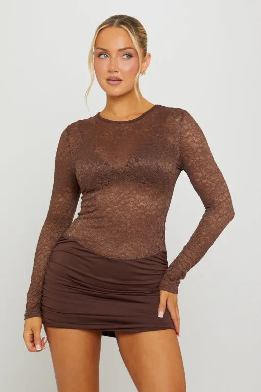 Brown Ruched Lace Long Sleeve Mini Dress sold by Nothingbutstyle