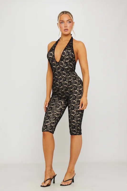 Black Lace Plunge Open Back Capri Jumpsuit sold by Nothingbutstyle