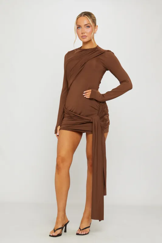 Brown Draped Long Sleeve Bodycon Mini Dress sold by Nothingbutstyle