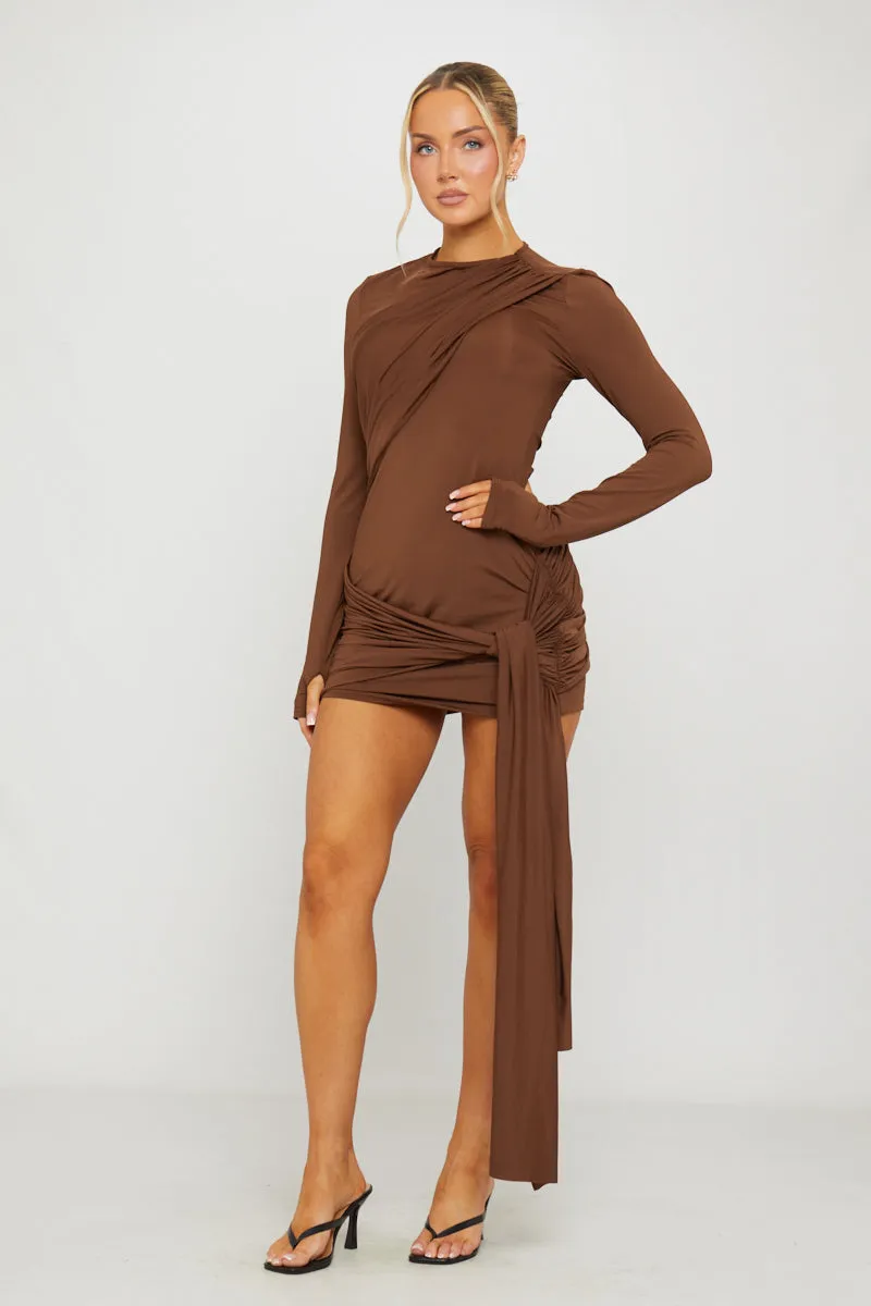 Brown Draped Long Sleeve Bodycon Mini Dress sold by Nothingbutstyle