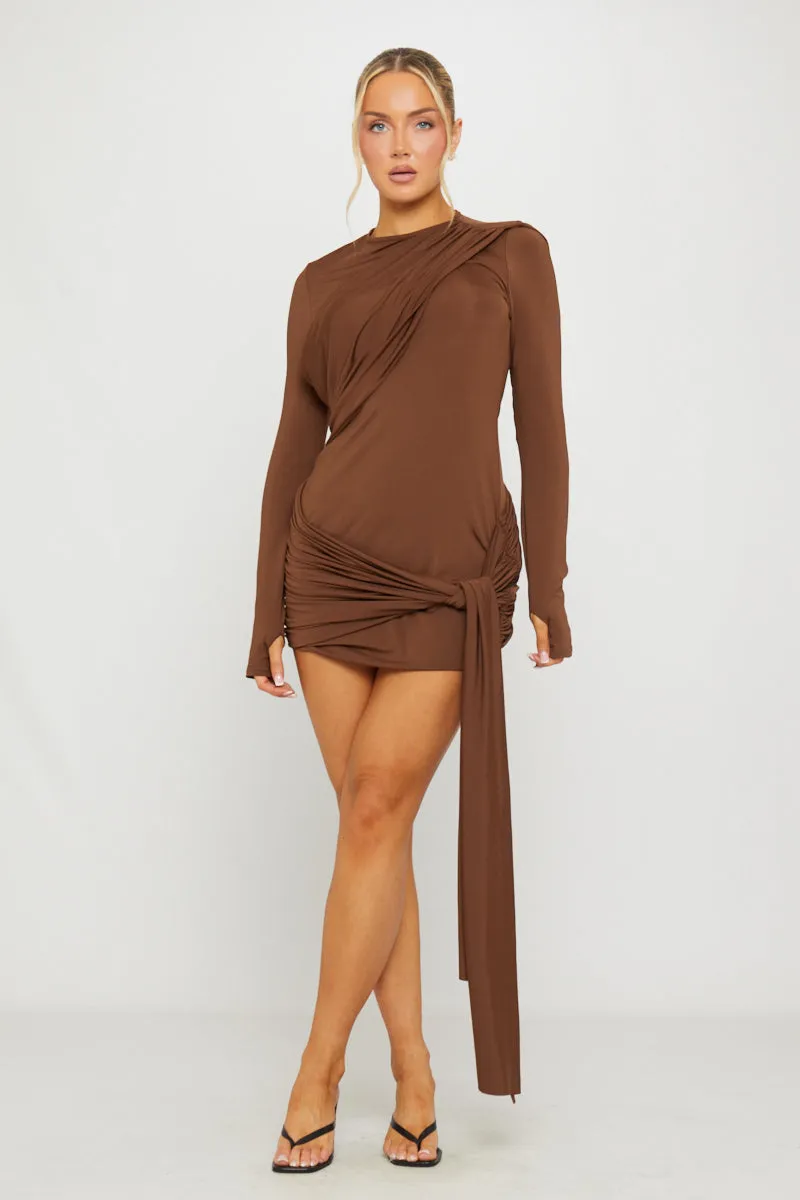 Brown Draped Long Sleeve Bodycon Mini Dress sold by Nothingbutstyle product image thumbnail 2