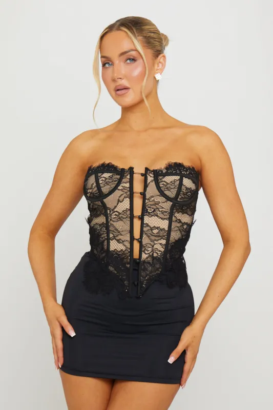 Black Lace Trim Structured Bustier Corset Top sold by Nothingbutstyle