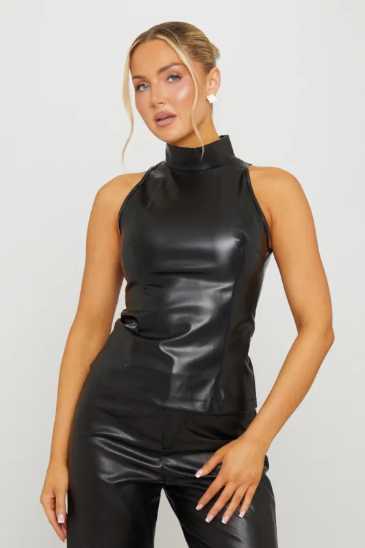 Black Faux Leather High Neck Sleeveless Top sold by Nothingbutstyle