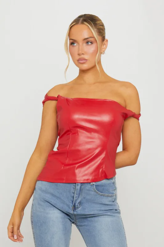 Red Faux Leather One Shoulder Asymmetric Top sold by Nothingbutstyle