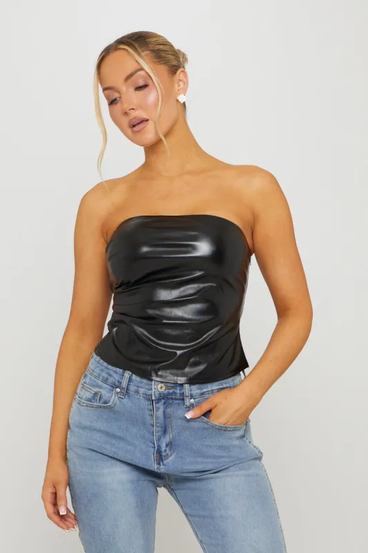 Black Faux Leather Bandeau Ruched Crop Top sold by Nothingbutstyle