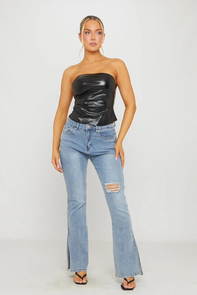 Black Faux Leather Bandeau Ruched Crop Top sold by Nothingbutstyle product image thumbnail 2