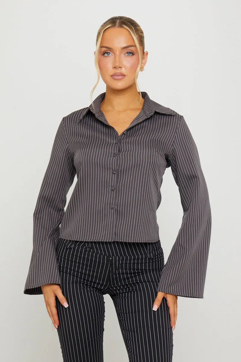 Dark Grey Pin Stripe Long Sleeve Button Up Shirt sold by Nothingbutstyle product image thumbnail 2