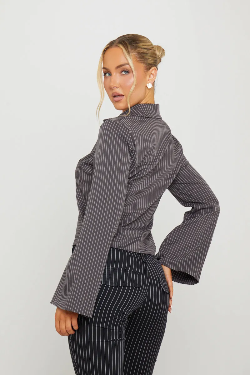 Dark Grey Pin Stripe Long Sleeve Button Up Shirt sold by Nothingbutstyle product image thumbnail 4