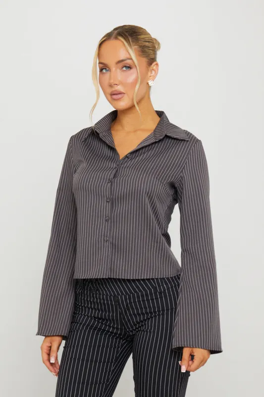 Dark Grey Pin Stripe Long Sleeve Button Up Shirt sold by Nothingbutstyle