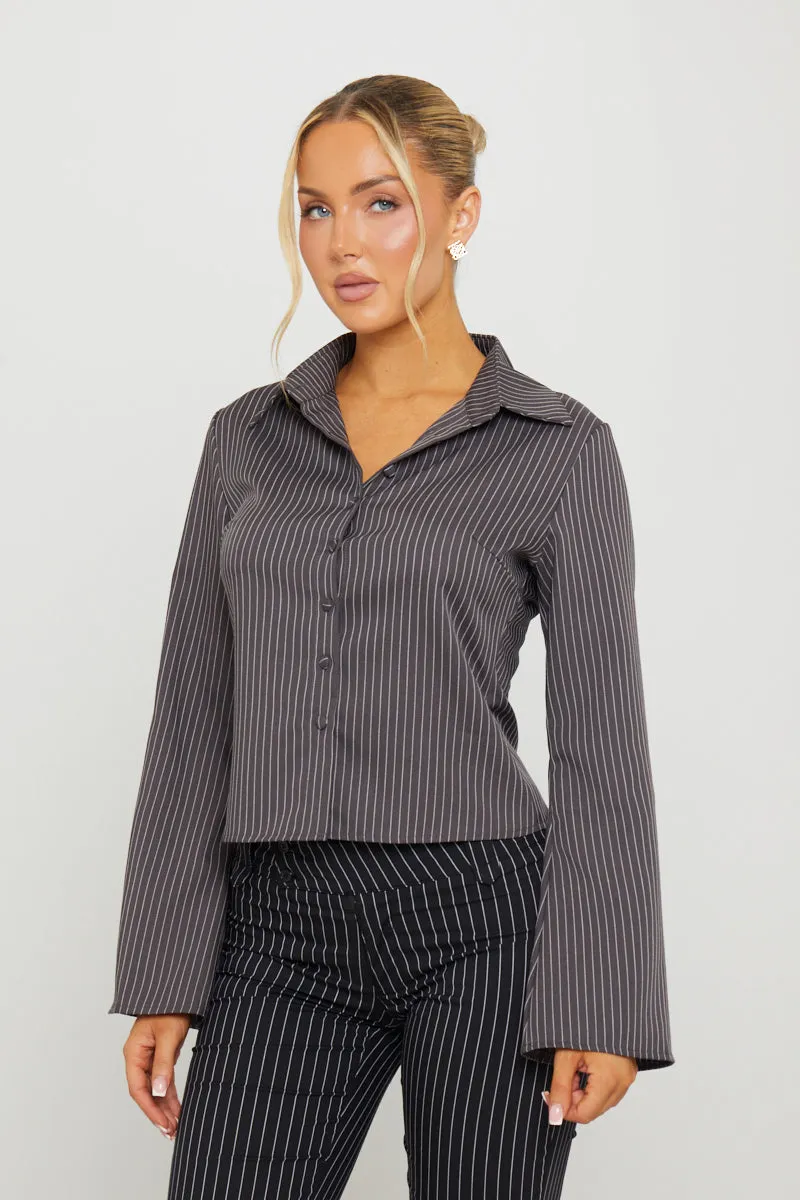 Dark Grey Pin Stripe Long Sleeve Button Up Shirt sold by Nothingbutstyle