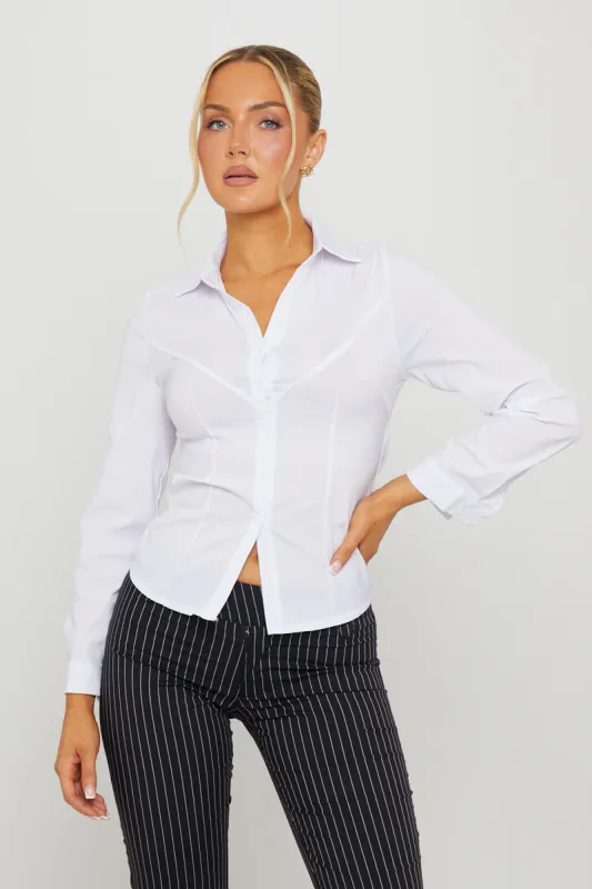White Cinched Waist Button Up Long Sleeve Shirt sold by Nothingbutstyle