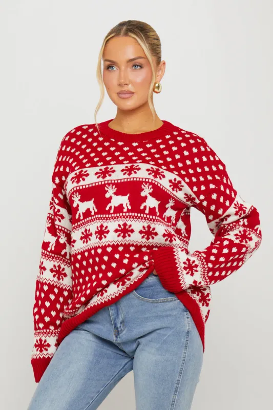 Red Knitted Snowflake Reindeer Christmas Jumper made by Stuart Weitzman