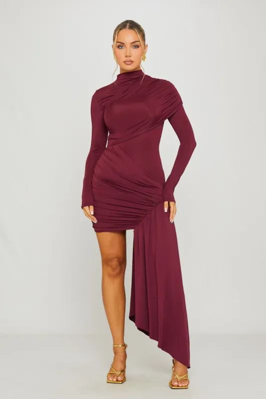 Wine High Neck Long Sleeve Draped Mini Dress sold by Nothingbutstyle