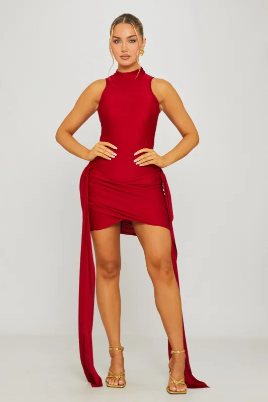 Wine High Neck Draped Detail Mini Dress sold by Nothingbutstyle