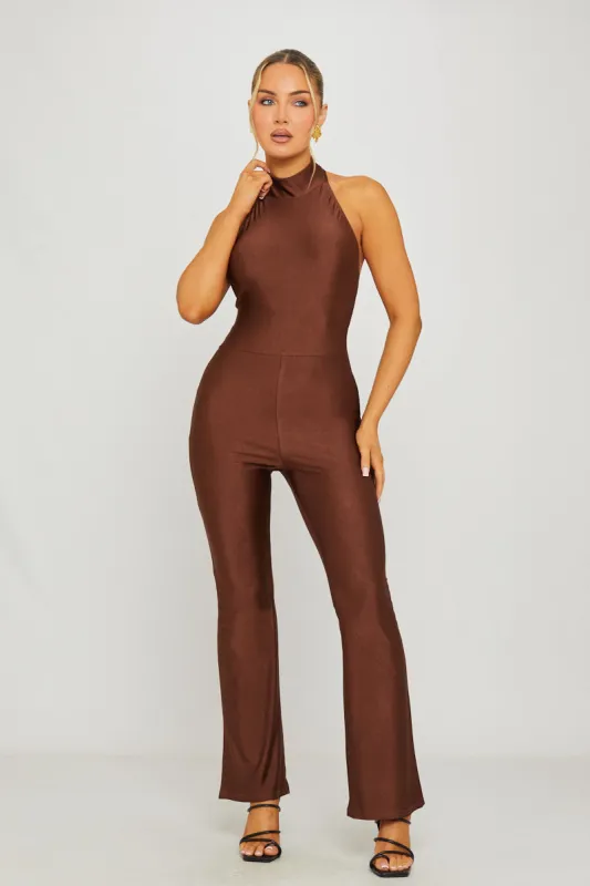 Brown High Neck Open Back Sleeveless Jumpsuit sold by Nothingbutstyle