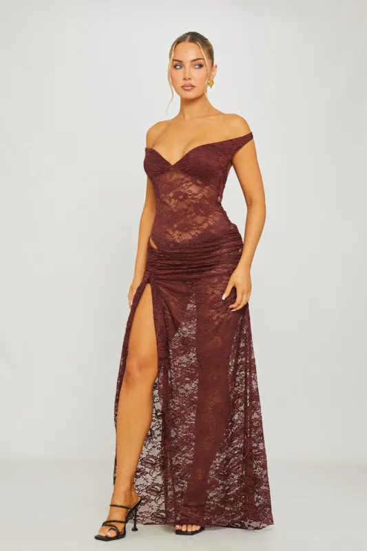 Brown Lace Off Shoulder Bodysuit & Maxi Skirt Co-Ord sold by Nothingbutstyle